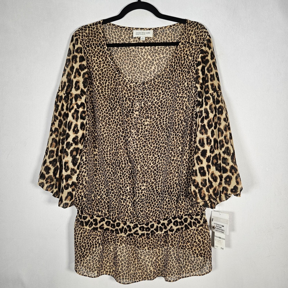 Jones New York Top Women's sz 1X Cheetah Print NWT Nature Brown Sheer Boho Artsy